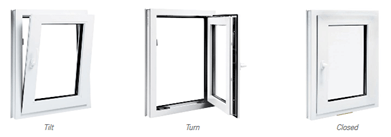 Tilt & Turn window shown in all three states; tilted, turned, and closed.