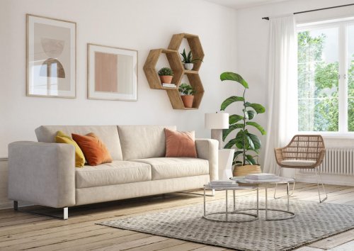 Modern living room with sun shining in the window