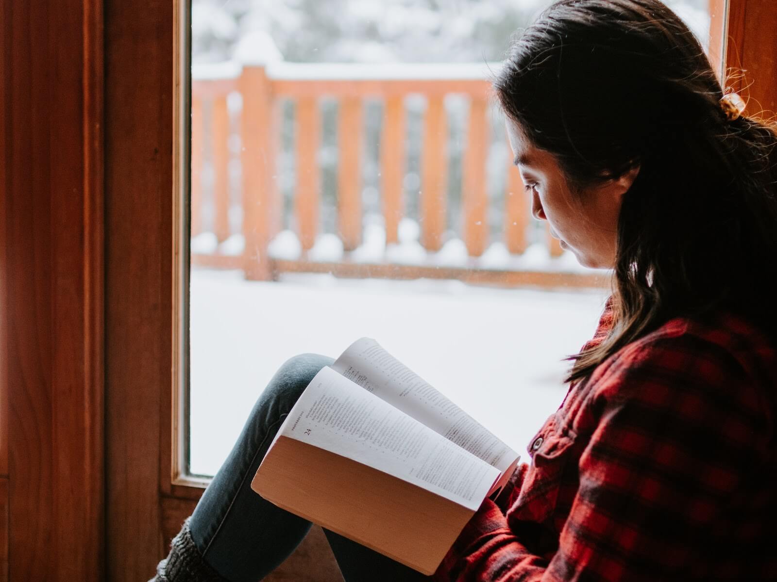 a woman reading a book infront of a window with a winter background