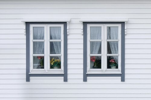 white siding of a house with two windows