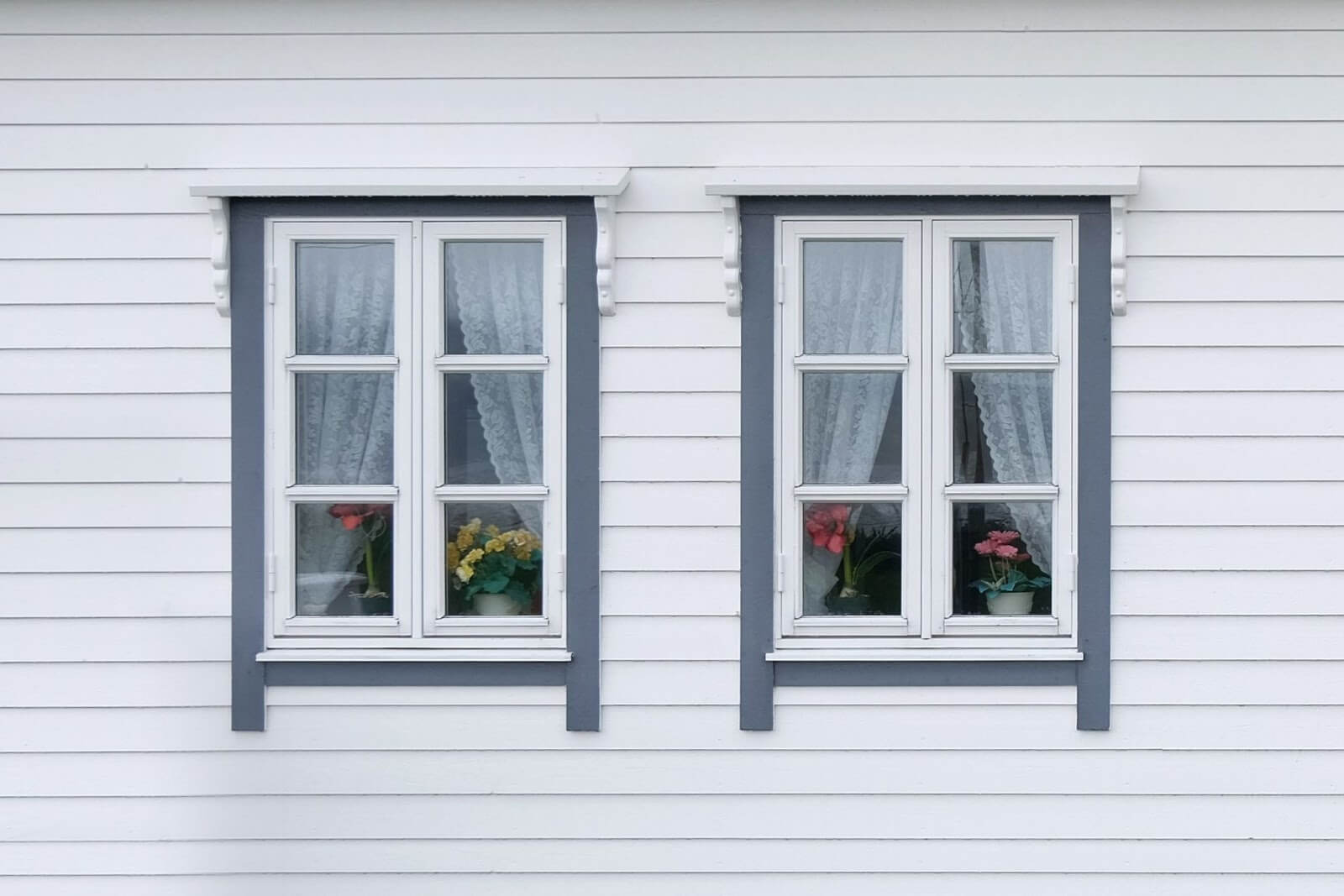 white siding of a house with two windows