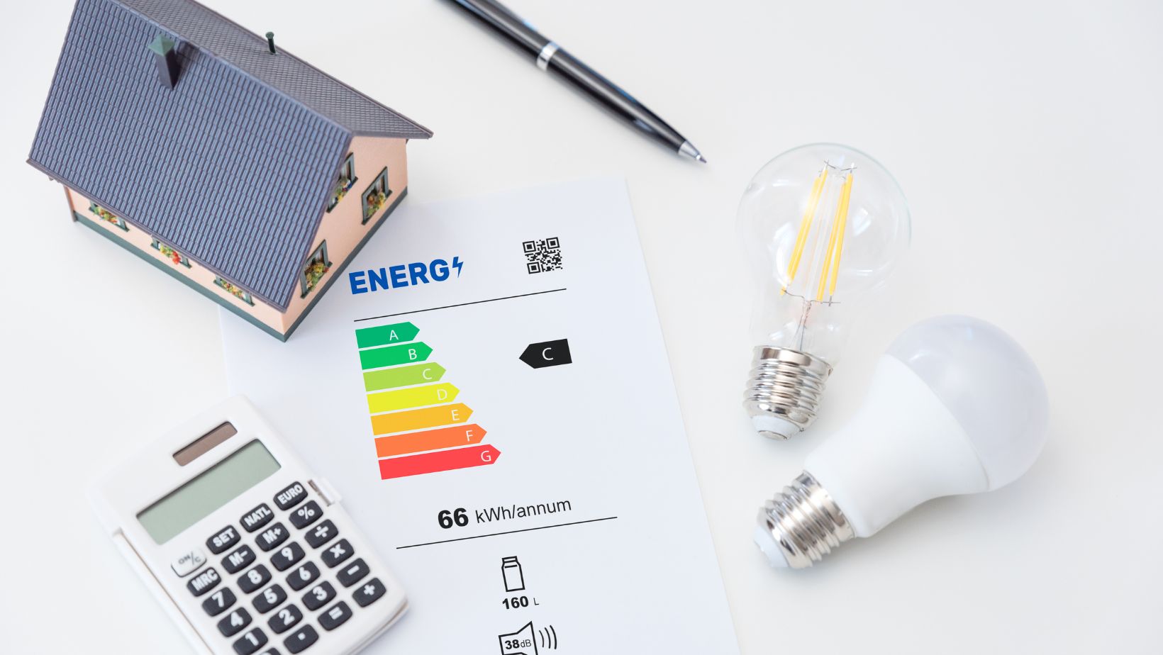 An energy efficient chart surrounded by two different light bulbs, a calculator and a tiny blue and pink house.